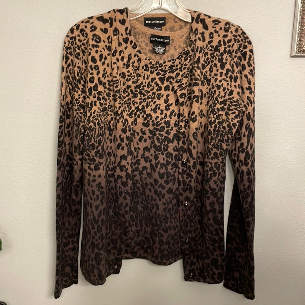 Sutton Studio Leopard Print Cashmere Tank and Cardigan size M